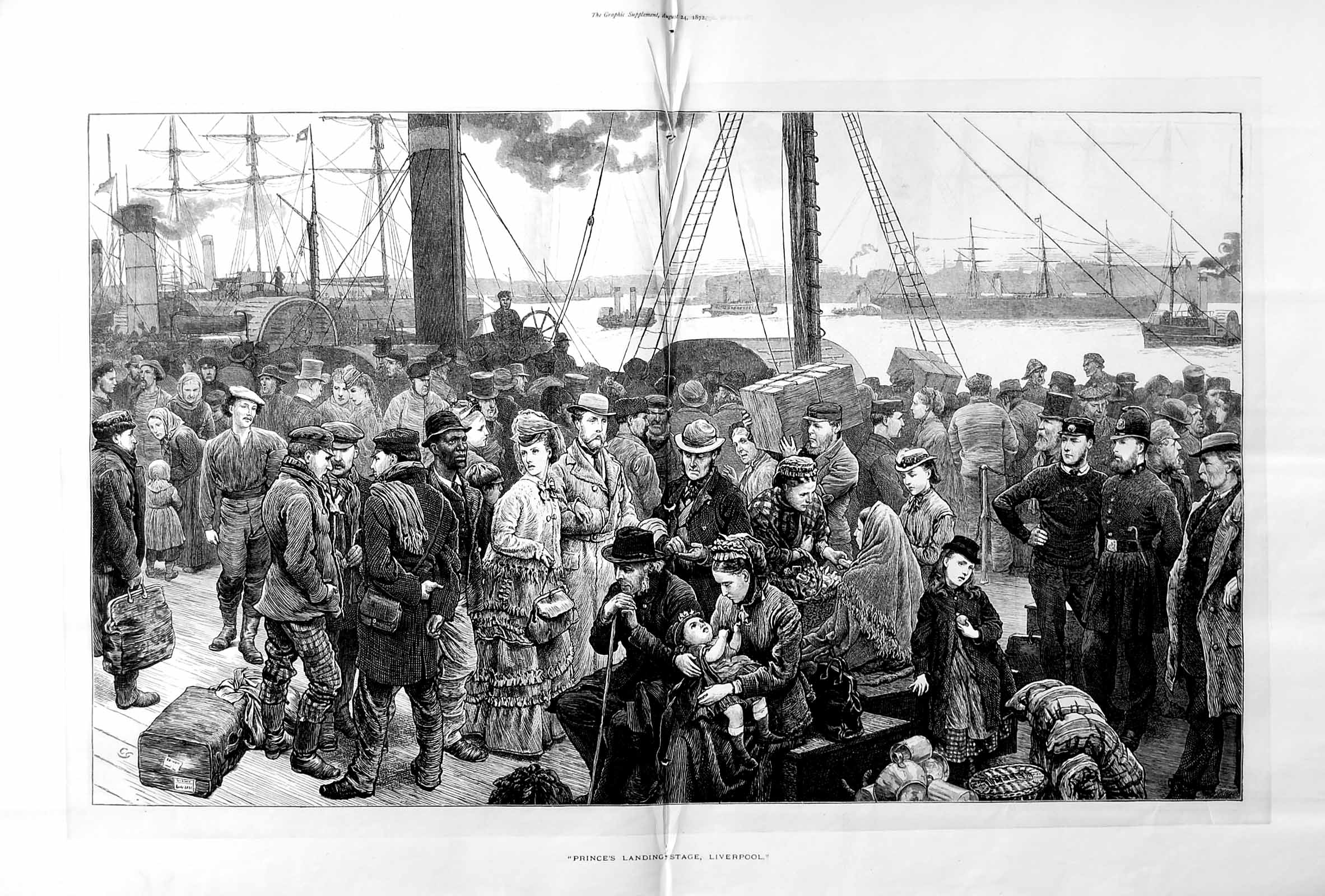 Original Old Antique Print 1872 Prince'S Landing Stage Liverpool Ship England