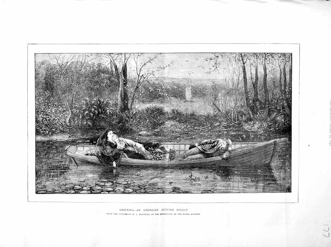 Old Antique Print 1872 River Boat America Autumn Trees Flowers Moonlight 19th