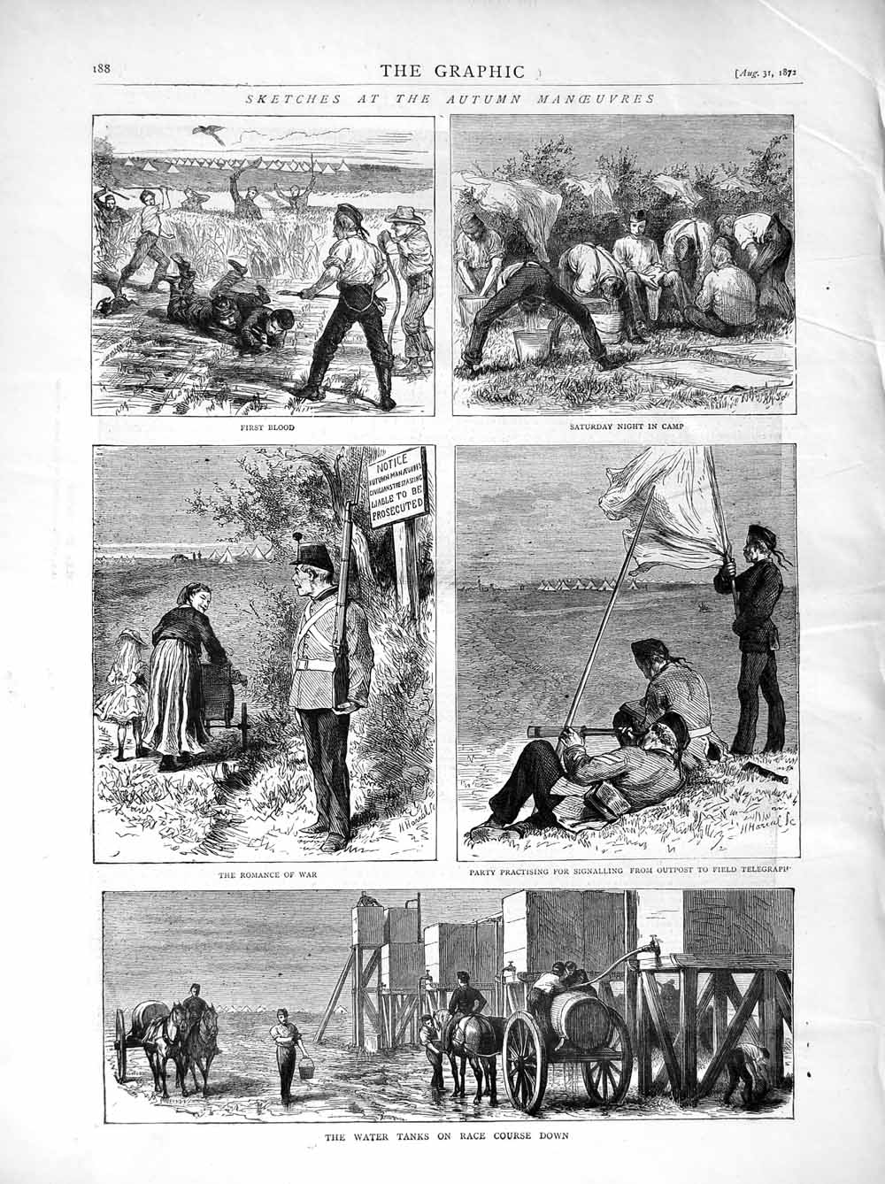 Original Old Antique Print 1872 Siers Camp Horses Romance Outpost Telegraph