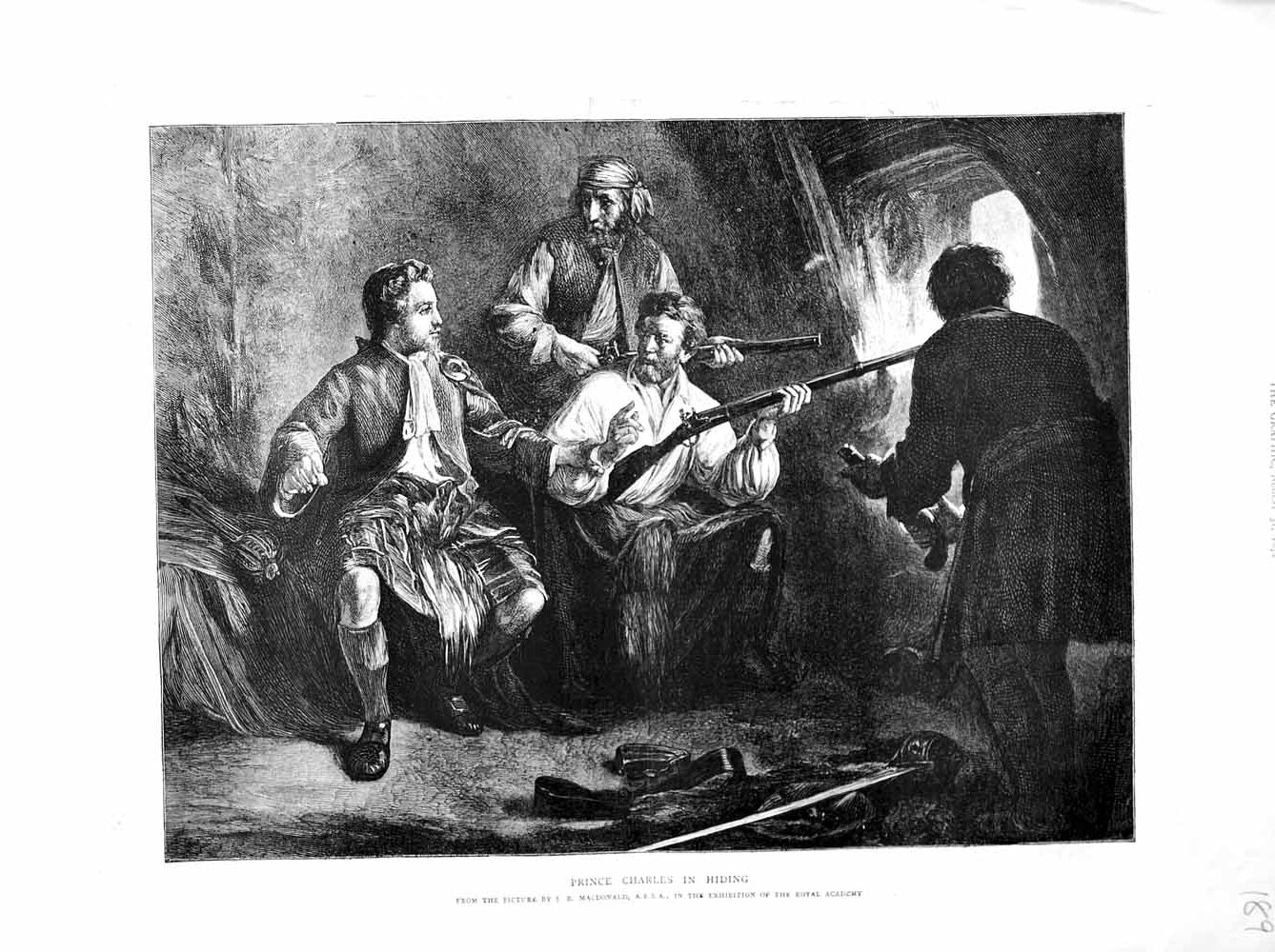 Original Old Antique Print 1872 Fine Art Prince Charles Hiding Academy 19th