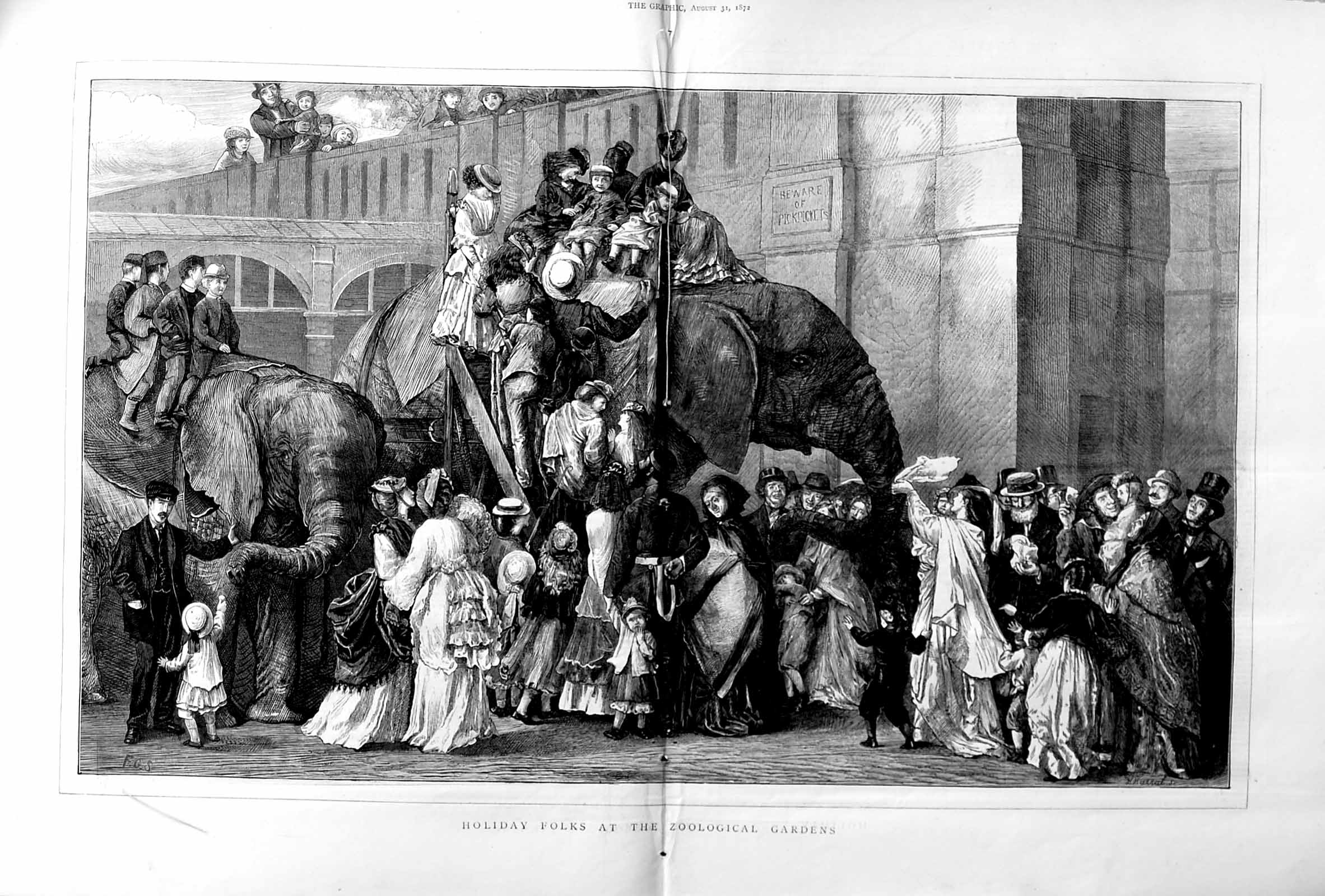 Antique Old Print 1872 Holiday People Zoological Gardens Elephants Animal 19th