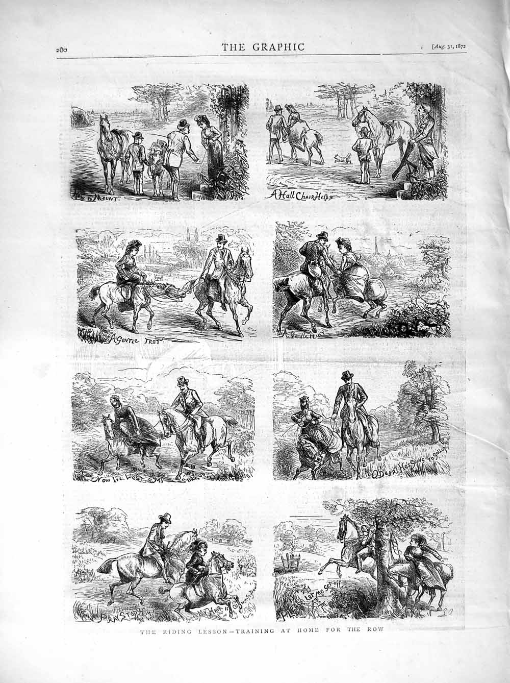 Original Old Antique Print 1872 Horse Riding Lessons Country Training Children