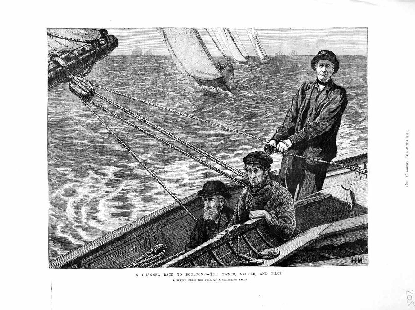 Old Antique Print 1872 English Channel Race Boulogne Skipper Pilot Boat 19th