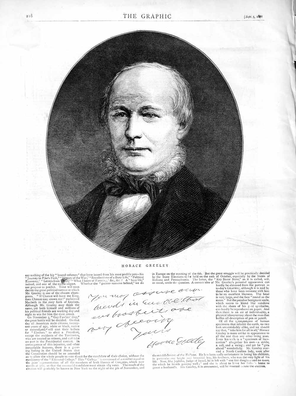 Original Old Antique Print 1872 Portrait Horace Greeley Man 19th