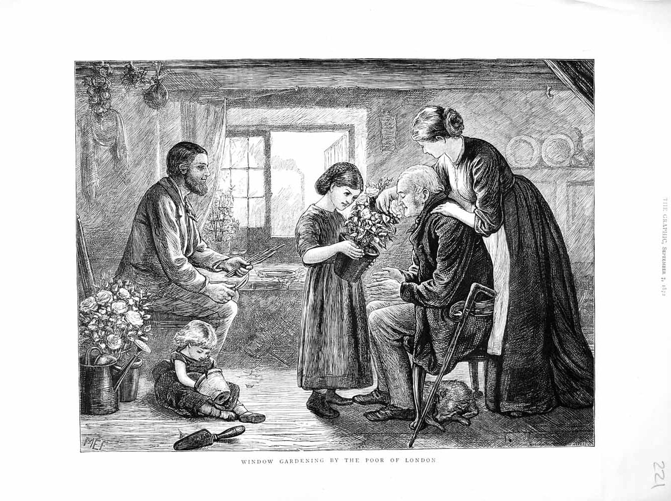 Original Old Antique Print 1872 Window Gardening Poor People London Flowers