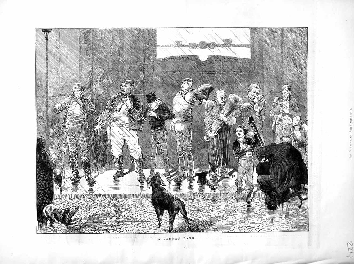 Original Old Antique Print 1872 German Music Band Trumpet Violin Children Dogs