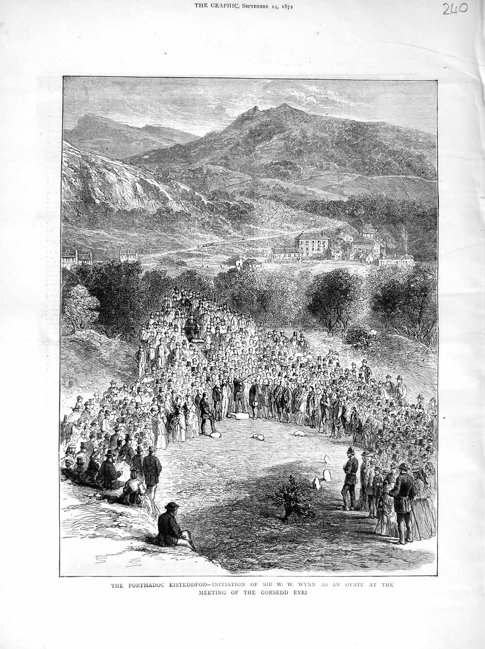 Original Old Antique Print 1872 Portmadoc Eisteddfod Wynn Meeting Gorsedd Eyri