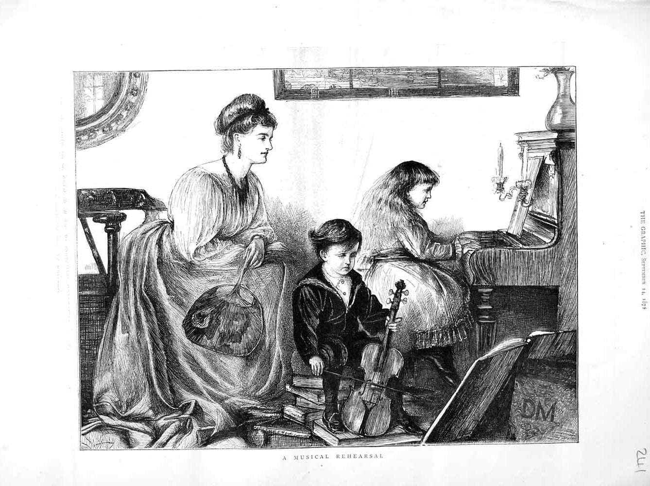 Original Old Antique Print 1872 Musical Rehearsal Children Piano Violin 19th