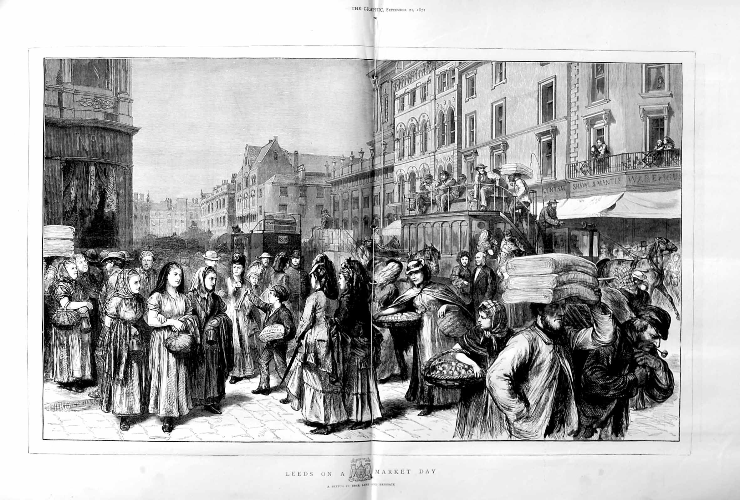 Old Antique Print 1872 Scene Leeds Market Day Boar Lane Briggate Sellers 19th