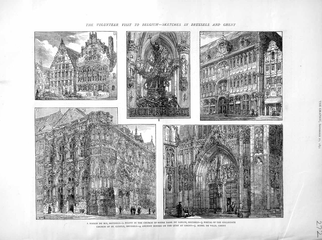 Original Old Antique Print 1872 Belgium Church Notre Dame Brussels Hotel Ghent