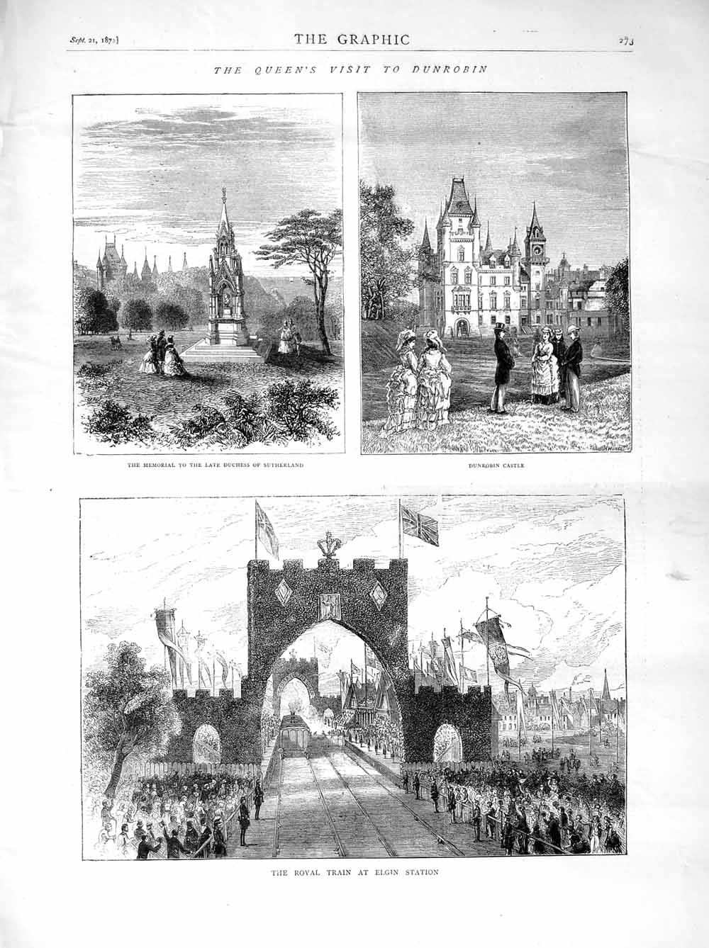 Original Old Antique Print 1872 Queen Dunrobin Castle Golspie Royal Train Elgin