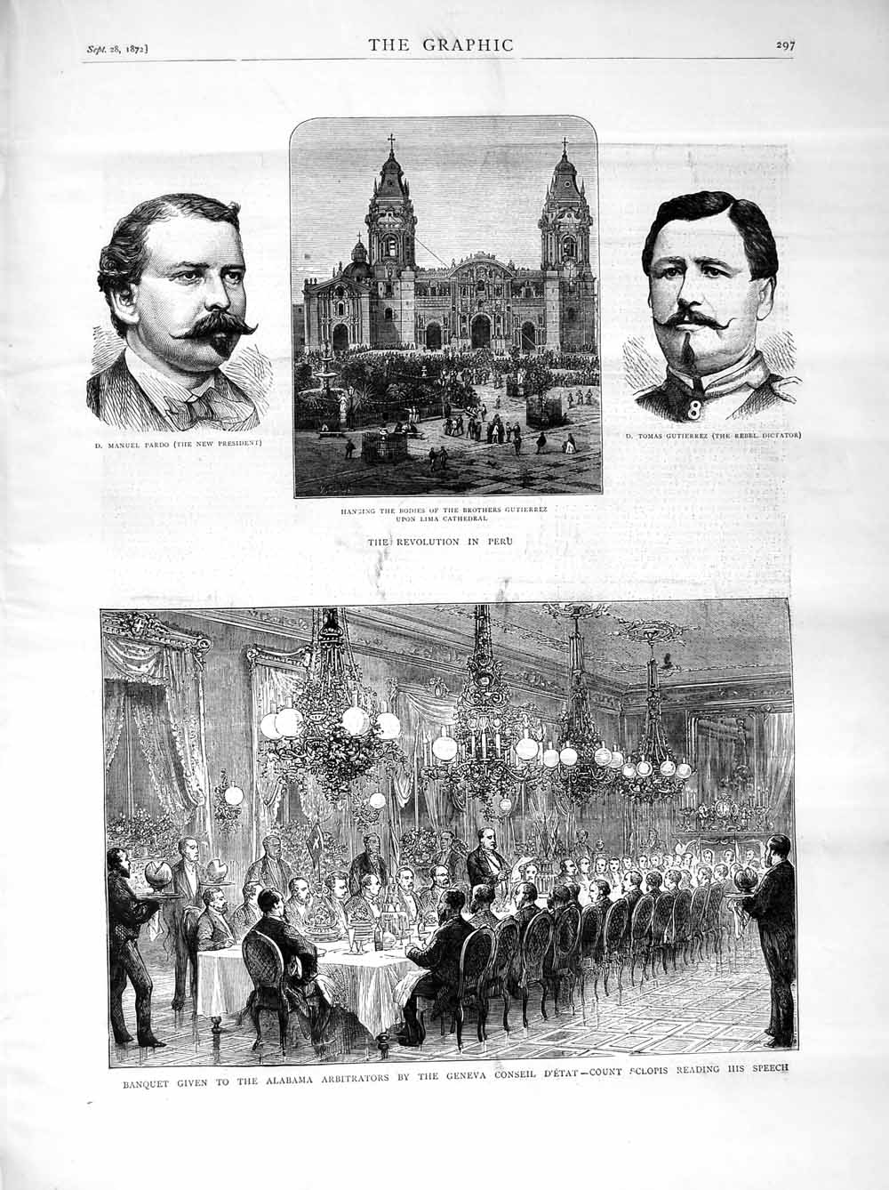 Original Old Antique Print 1872 Geneva D'Etat Sclopis Pardo Peru Lima Cathedral