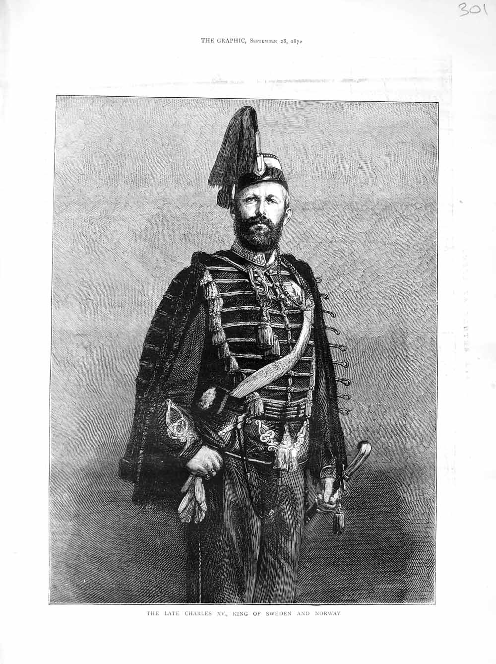 Original Old Antique Print 1872 Portrait Charles Xv King Sweden Norway 19th