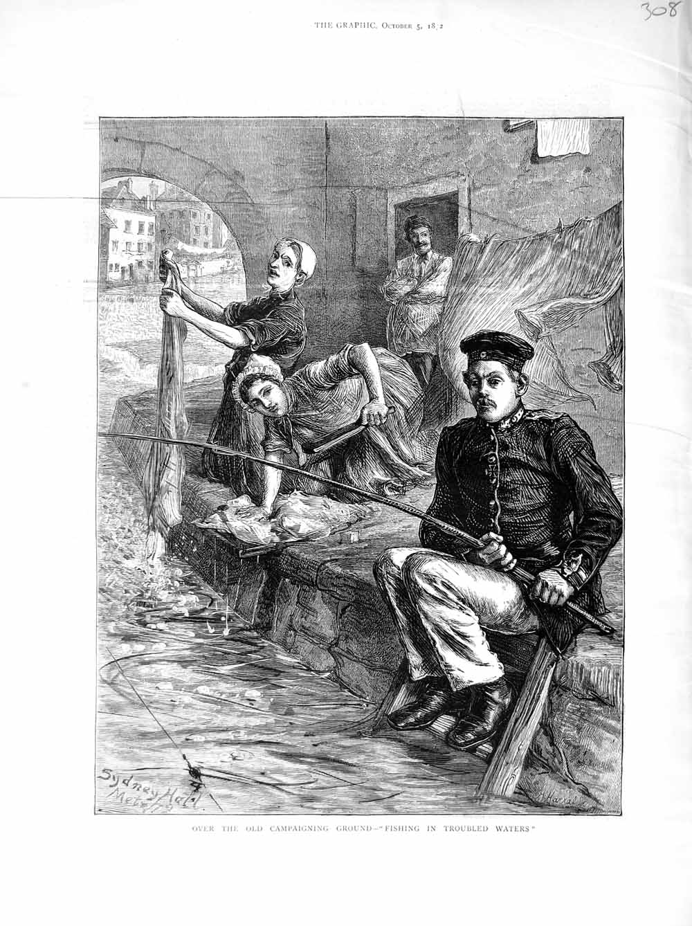 Original Old Antique Print *3043 1872 Sier Fishing River Women Washing Clothes