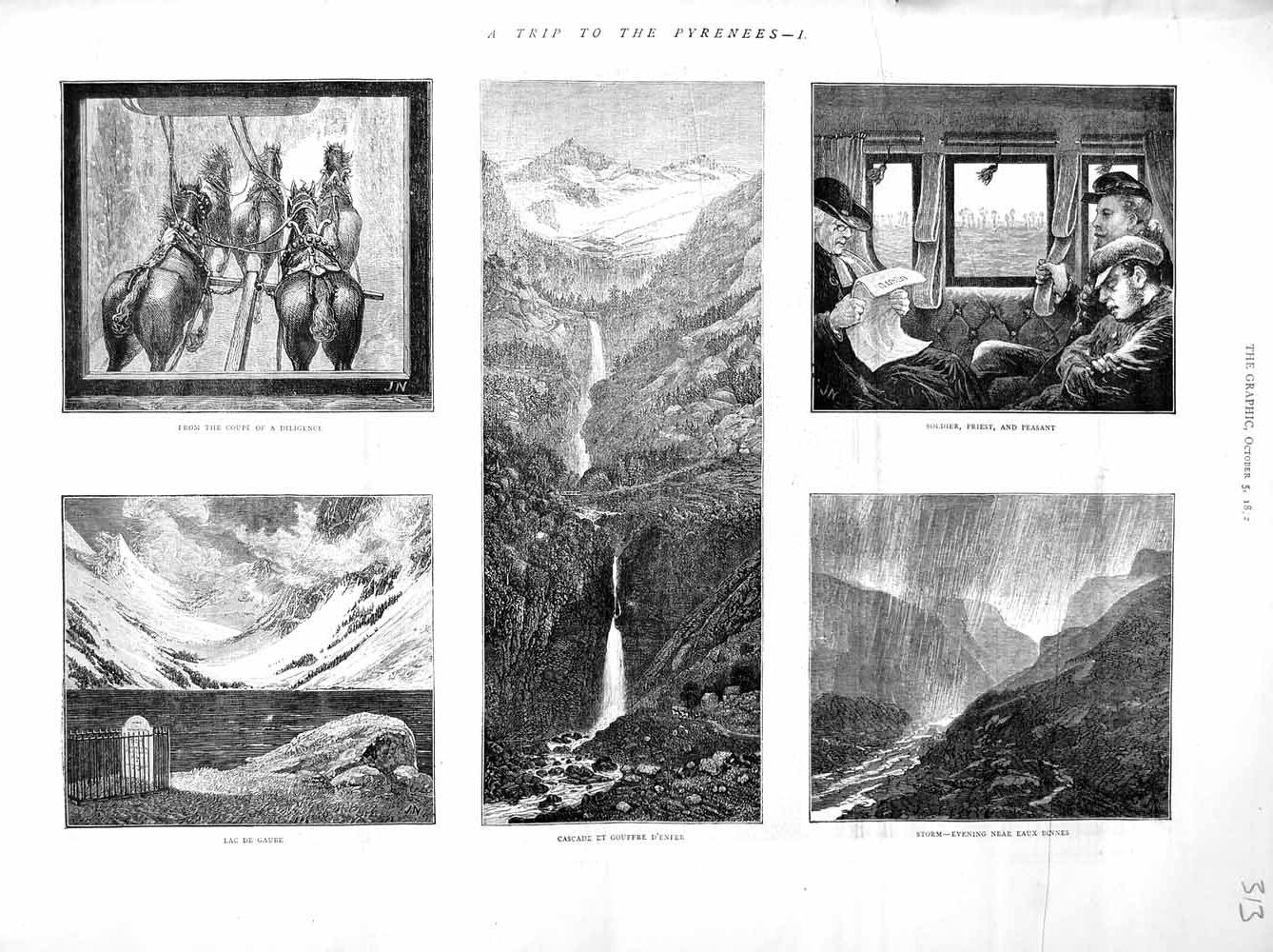 Old Antique Print 1872 Pyrenees Mountains Lac Gaube Eaux Bonnes D'Enfer 19th