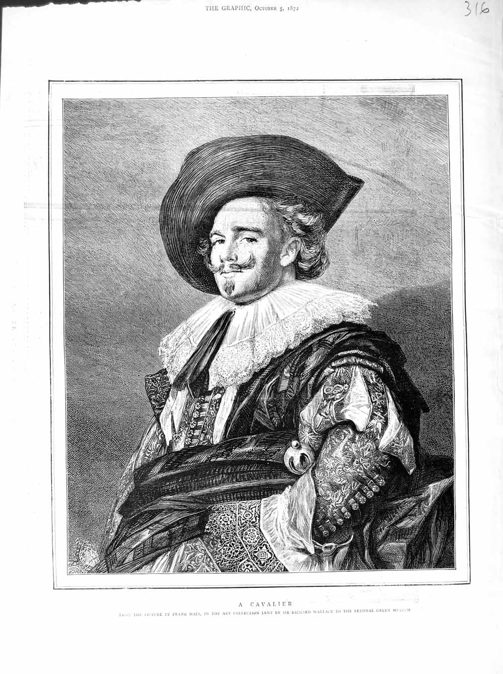 Original Old Antique Print 1872 Bethnal Green Museum Portrait Cavalier 19th