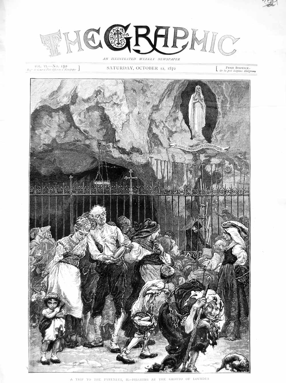 Original Old Antique Print 1872 Pyrenees Pilgrims Grotto Lourdes France People