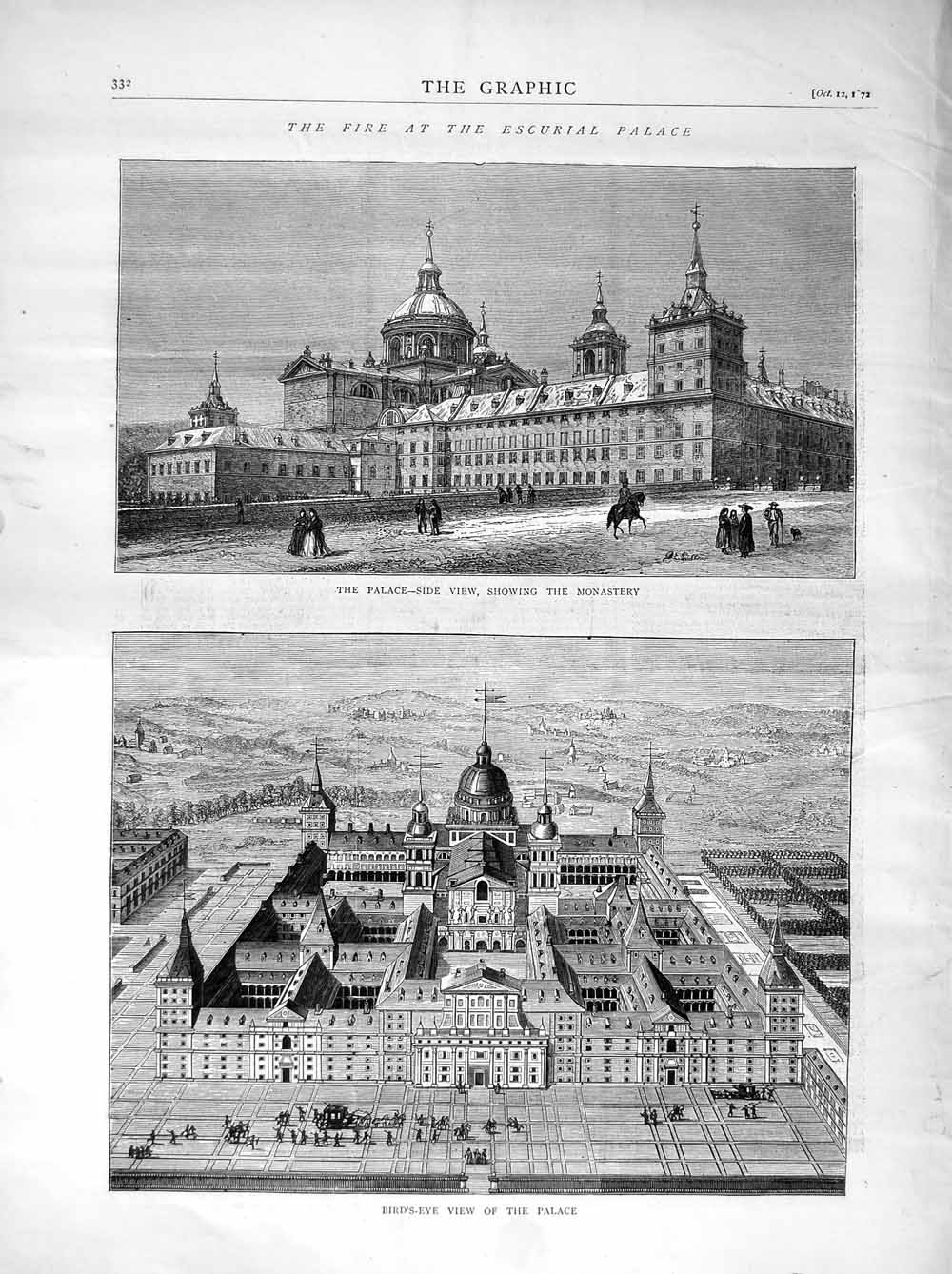 Original Old Antique Print 1872 Fire Escurial Palace Monastery Bird'S-Eye View