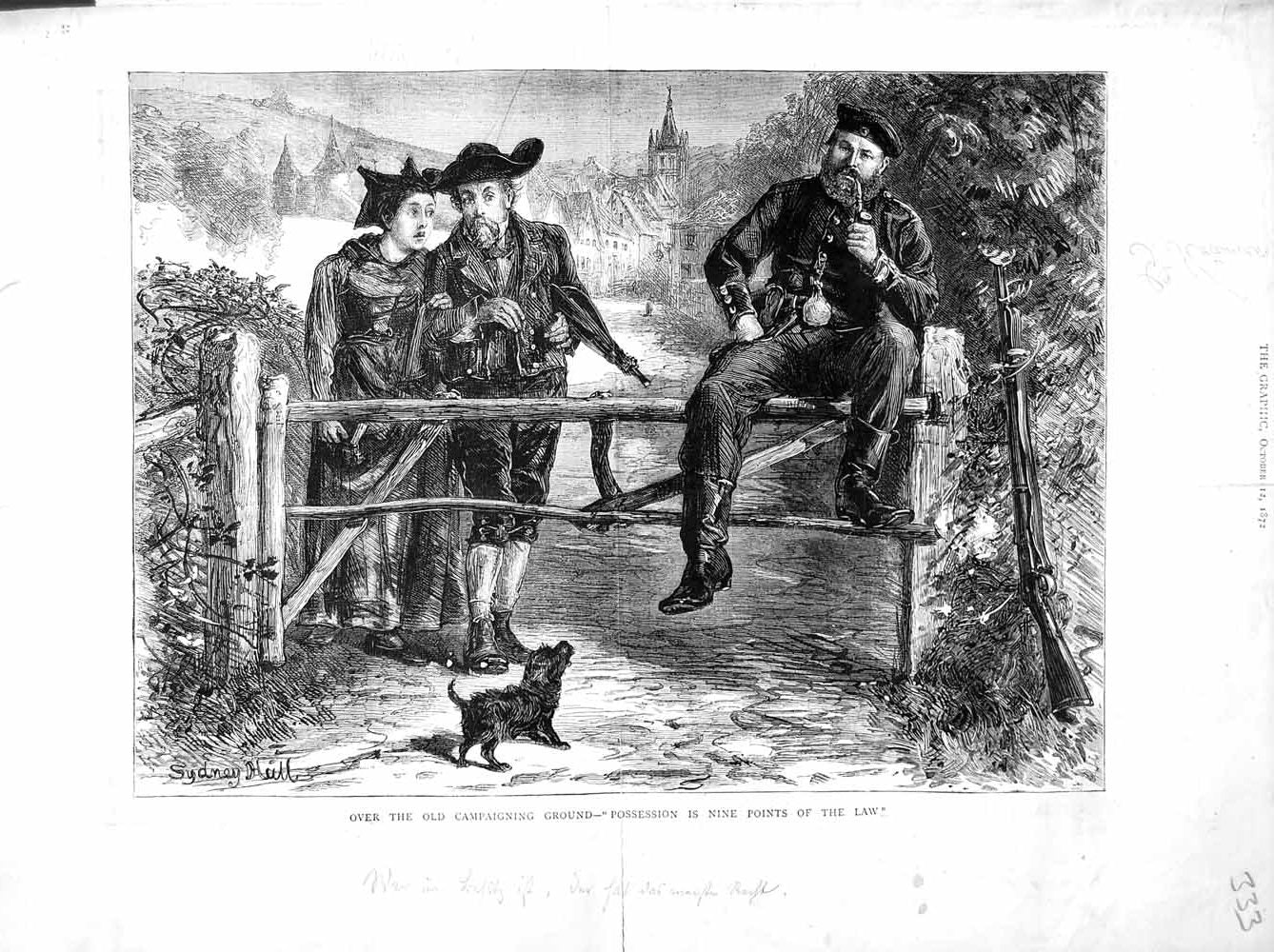 Original Old Antique Print 1872 Country Scene Man Smoking Pipe Dog Victorian