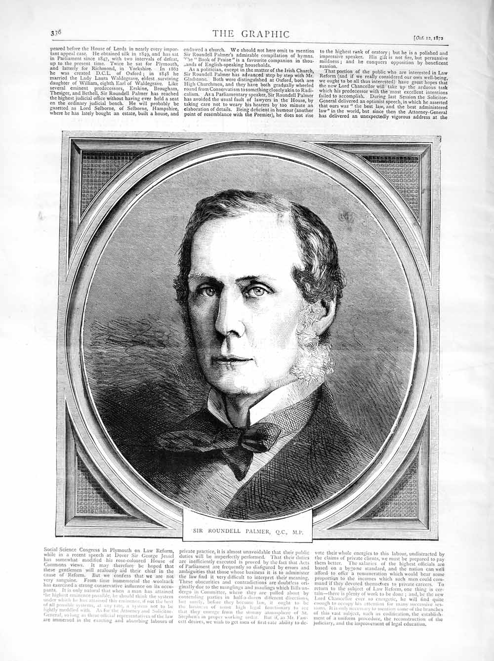 Original Old Antique Print 1872 Portrait Roundel Palmer Lord Chancellor 19th