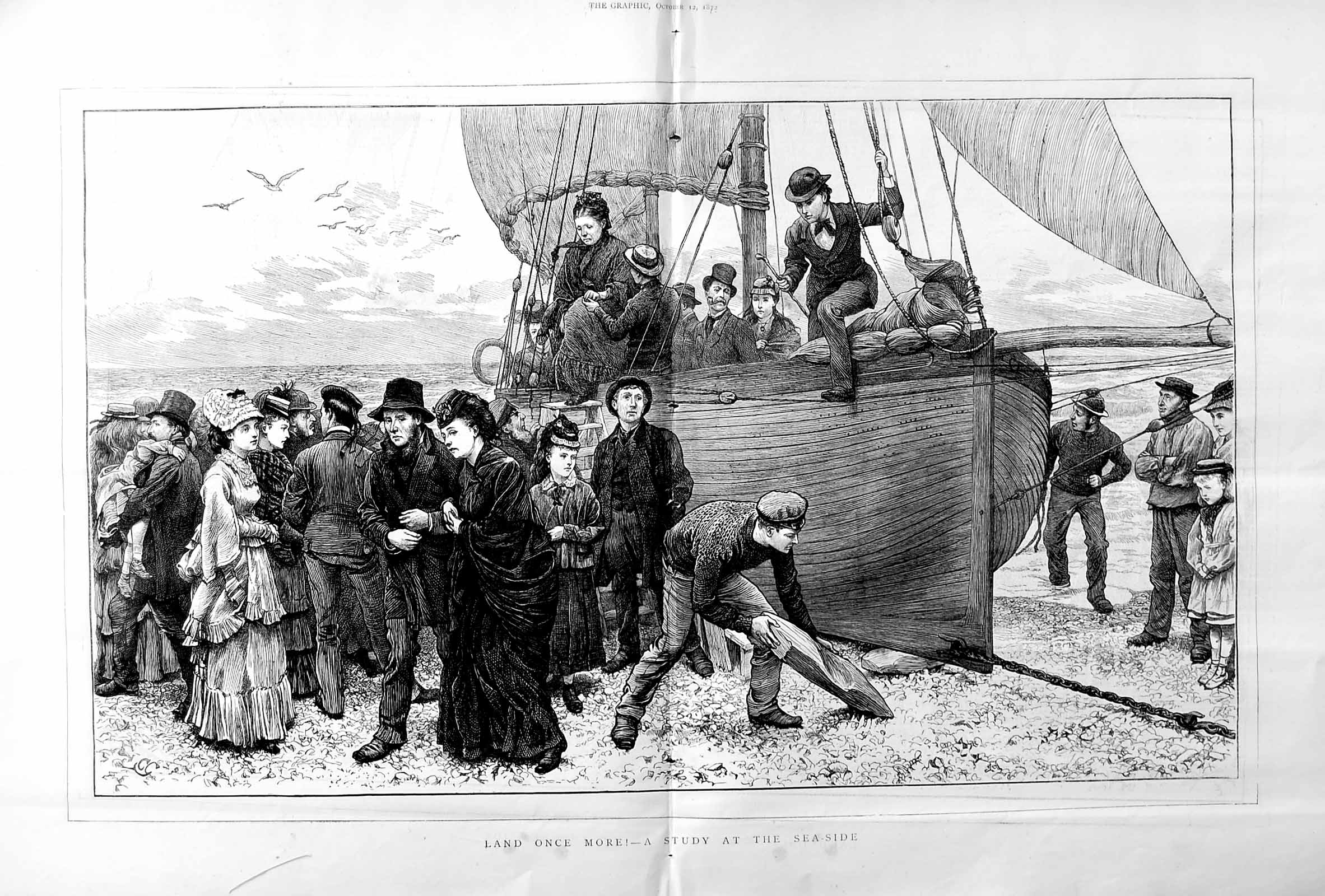 Original Old Antique Print 1872 Boat Sea-Side People Beach SailingVictorian