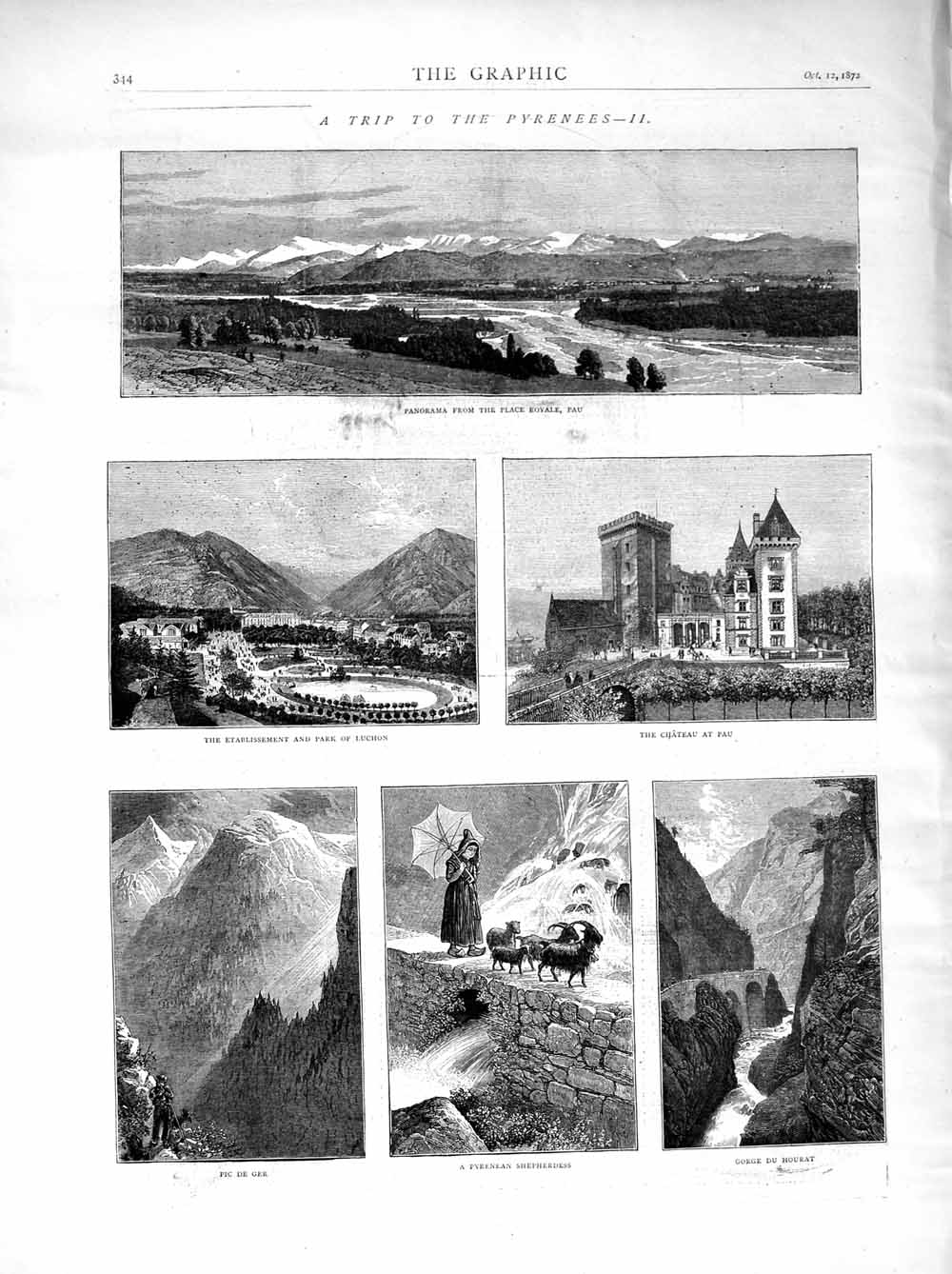 Old Antique Print 1872 Pyrenees Mountains Pau Chateau Luchon Pic Hourat 19th