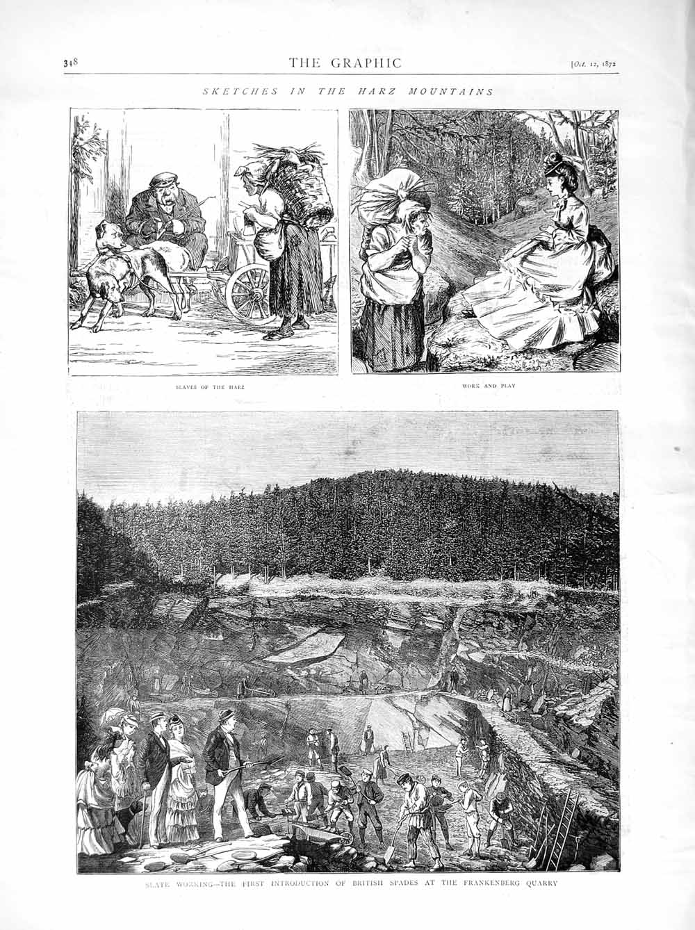 Original Old Antique Print 1872 Harz Mountains Slaves Slate Frankenberg Quarry