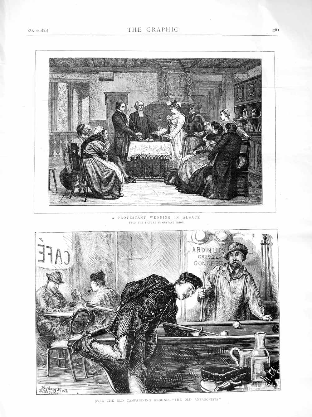 Original Old Antique Print 1872 Protestant Wedding Alsace CafÇ Antagonists Men