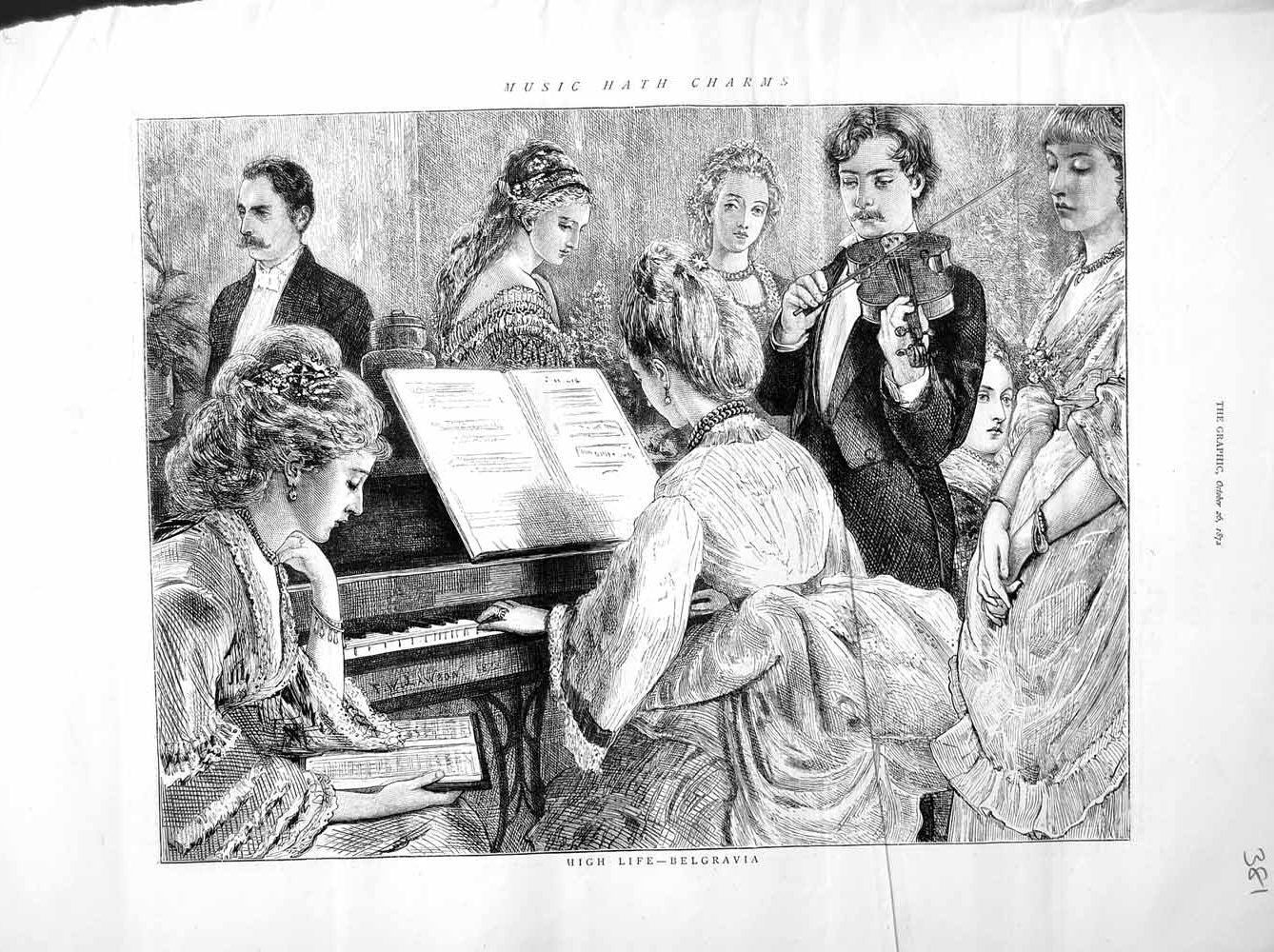 Original Old Antique Print 1872 Music Belgravia Violin Piano Ladies Men Romance