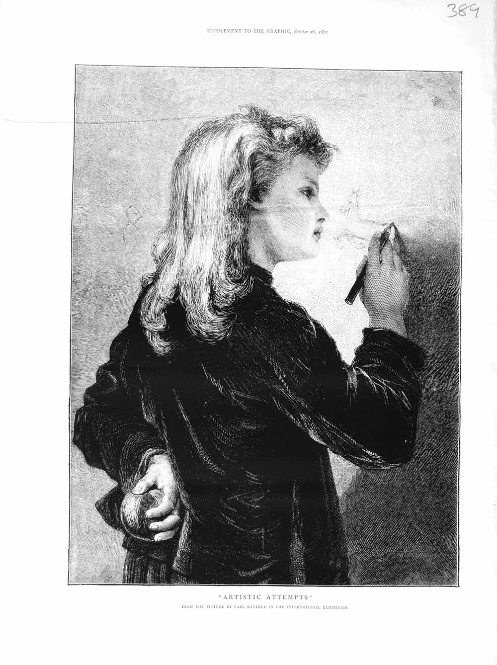 Original Old Antique Print 1872 Carl Bauerle Art Young Boy Drawing Wall Sketch