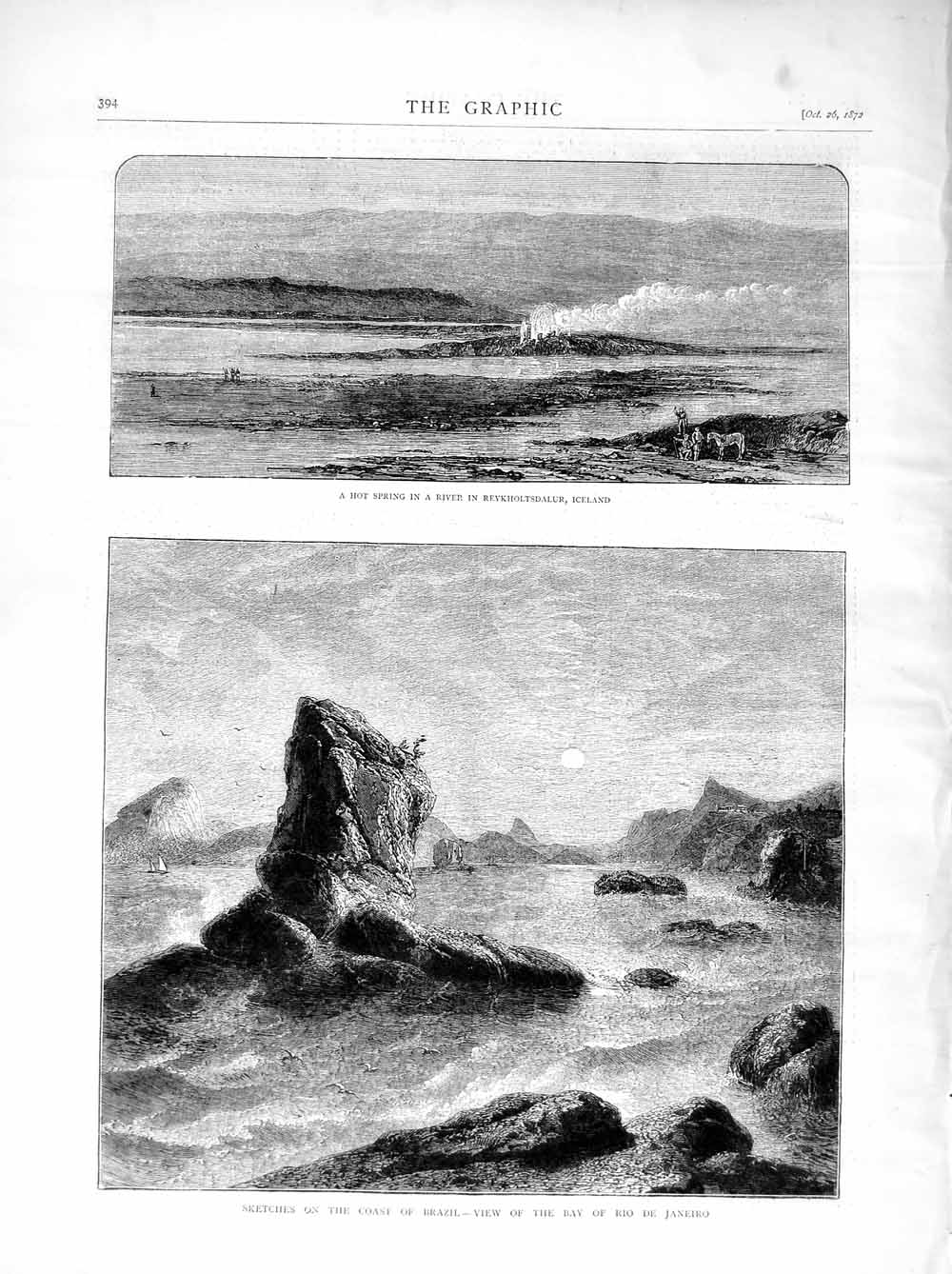 Old Antique Print 1872 Hot Spring Reykholtsdalur Iceland Brazil Janeiro 19th