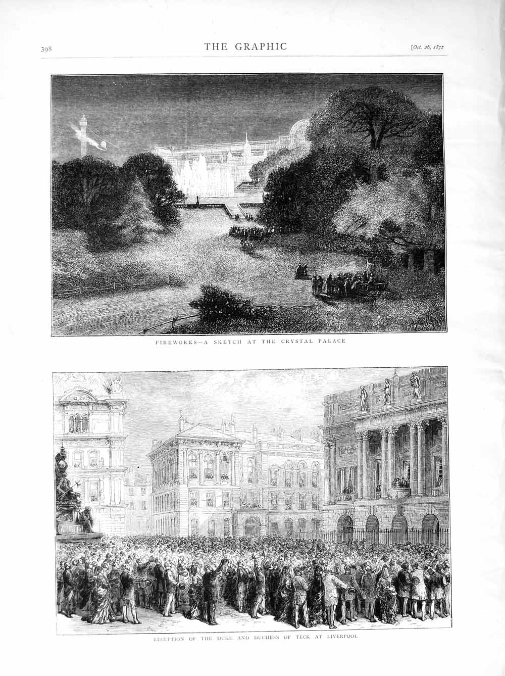 Original Old Antique Print 1872 Fireworks Crystal Palace Duchess Teck Liverpool