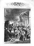 Original Old Antique Print 1872 Fire Escurial Library Books People Flames 19th