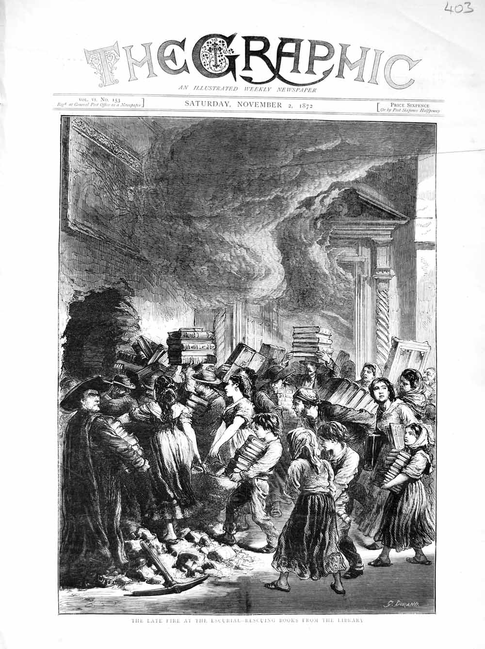 Original Old Antique Print 1872 Fire Escurial Library Books People Flames 19th