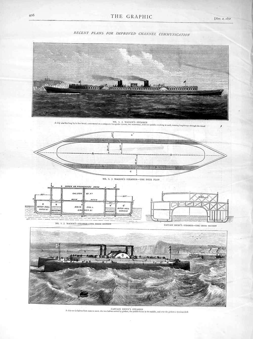 Old Antique Print 1872 Mackie English Channel Steamer Captain Dicey Plan 19th