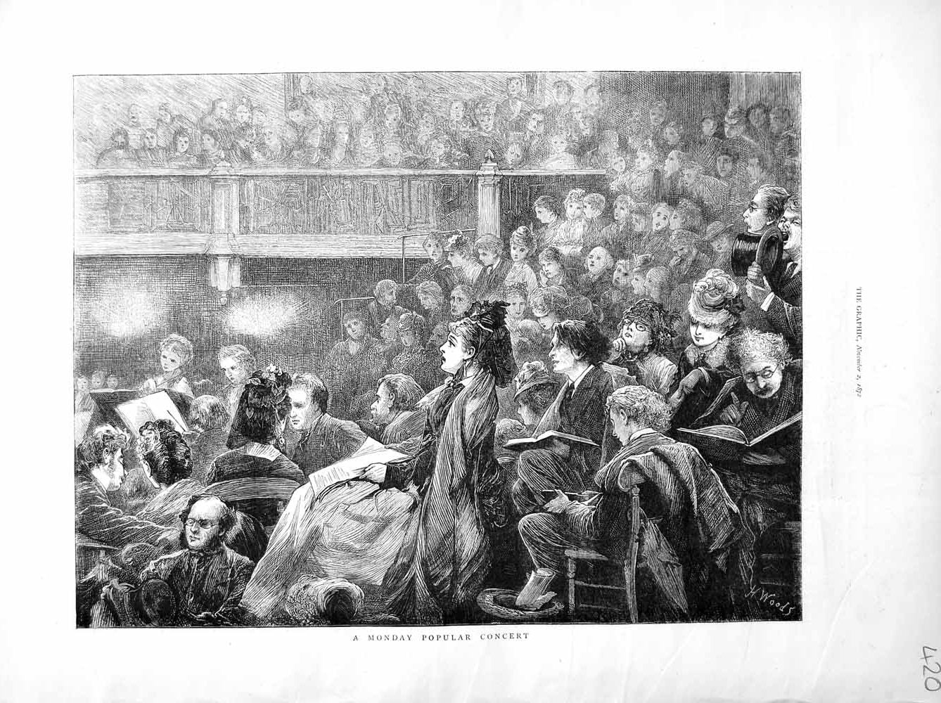 Original Old Antique Print 1872 Monday Music Concert Audience People Victorian