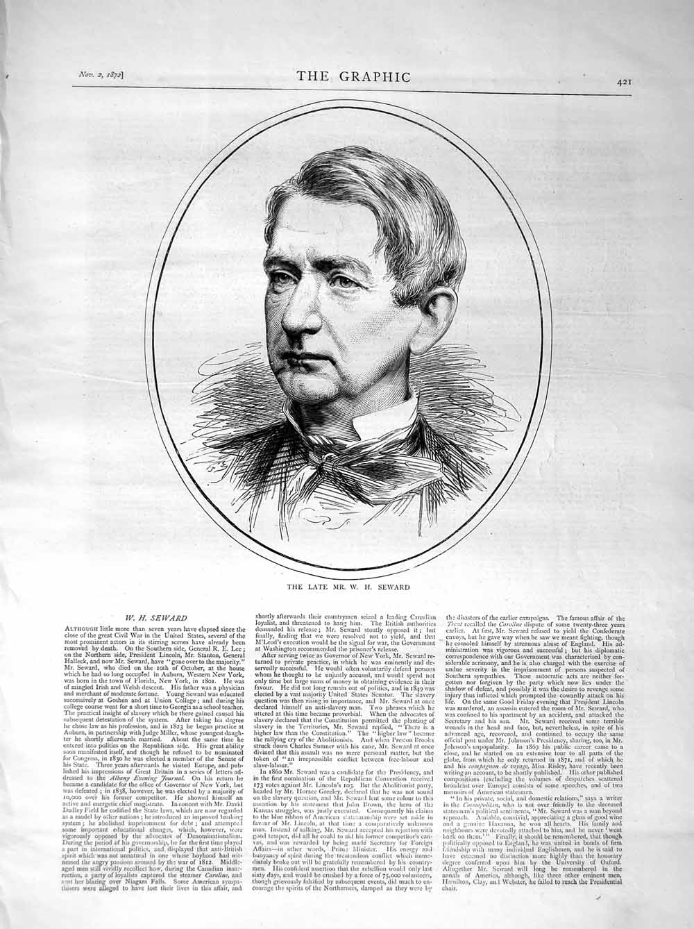 Original Old Antique Print 1872 Portrait Mr. W. H. Seward American Actor 19th