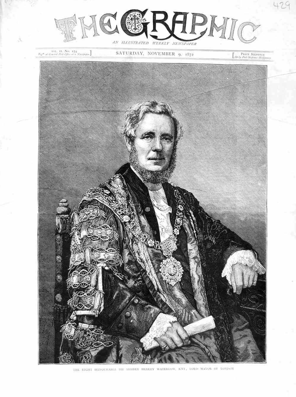 Original Old Antique Print 1872 Sir Sydney Hedley Waterlow Lord Mayor London