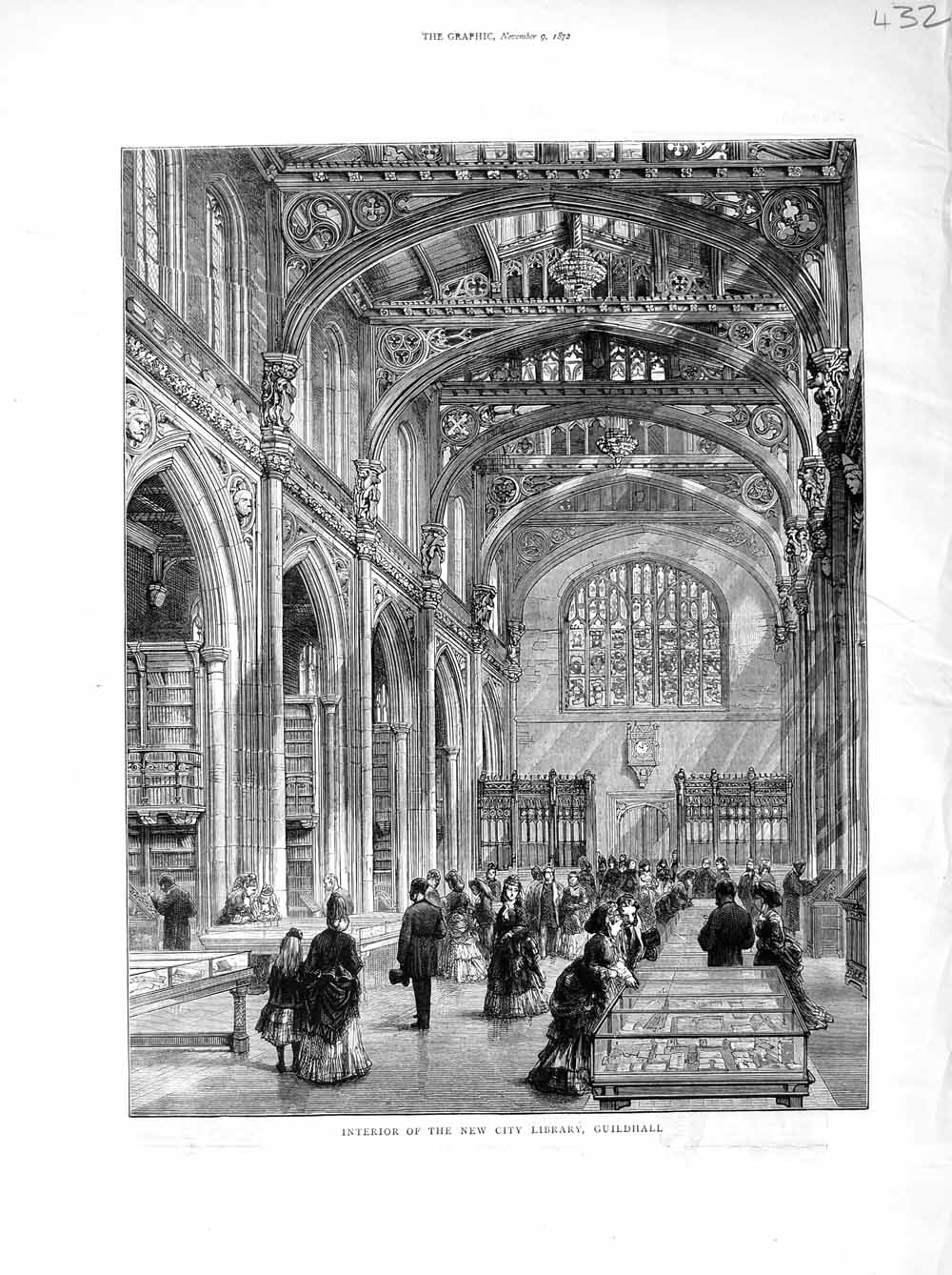 Old Antique Print 1872 Interior New City Library Guildhall London People 19th