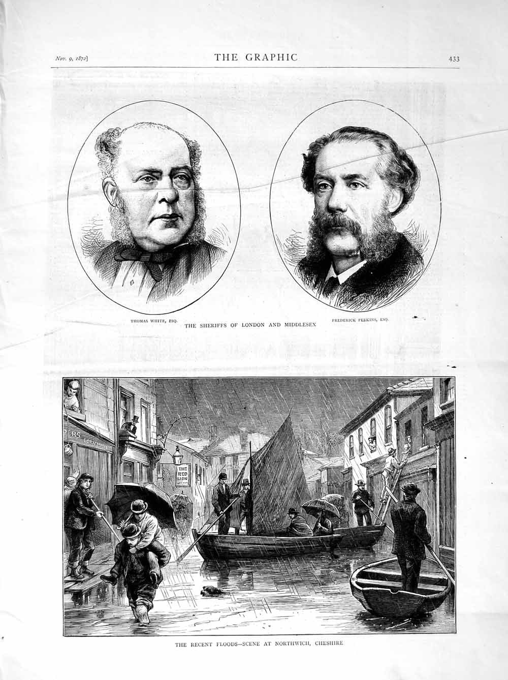 Original Old Antique Print 1872 Sheriffs London White Perkins Northwich Floods