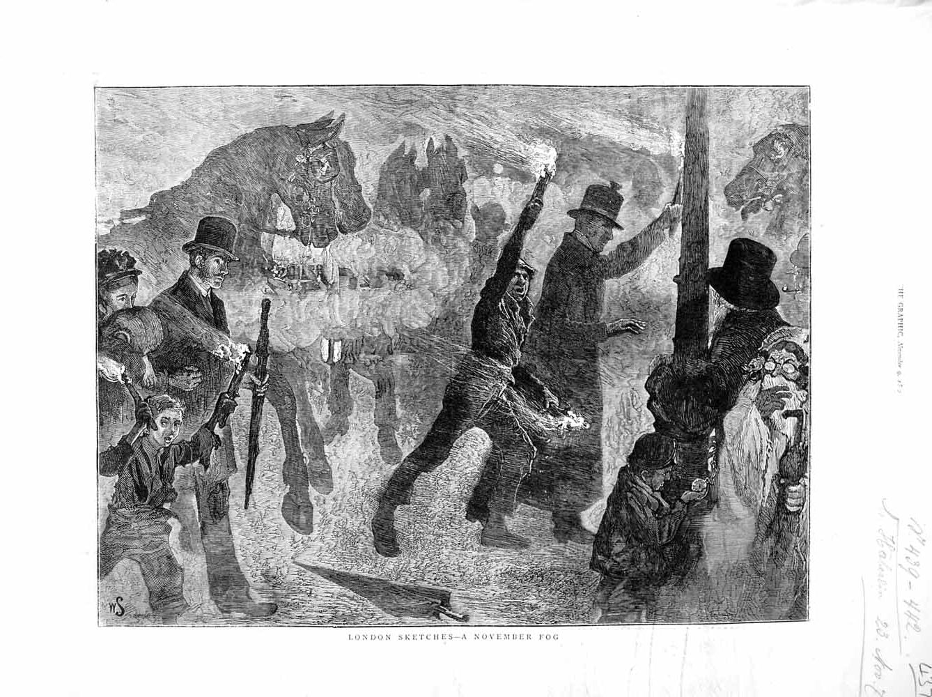 Original Old Antique Print 1872 London Street Scene November Fog Men Torches