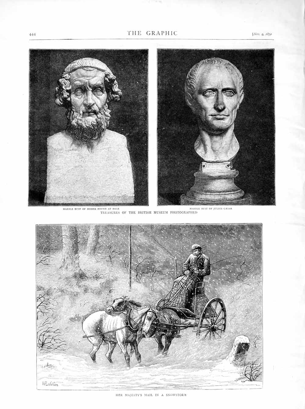 Old Antique Print 1872 British Museum Bust Caesar Homer Mail Horses Snow 19th