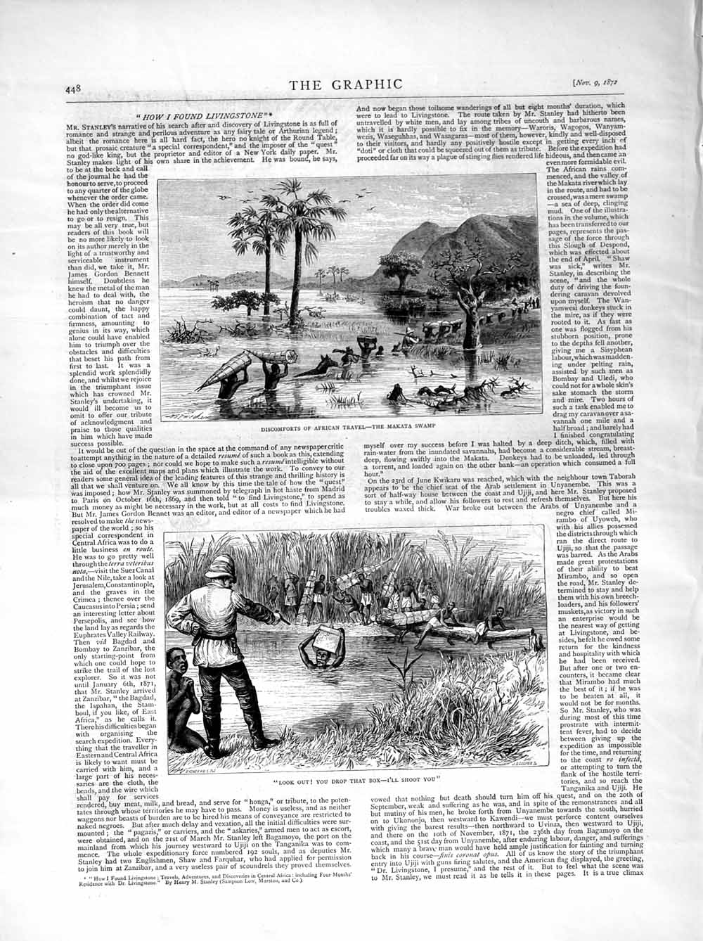 Original Old Antique Print 1872 Africa Travel Makata Swamp Natives River Trees