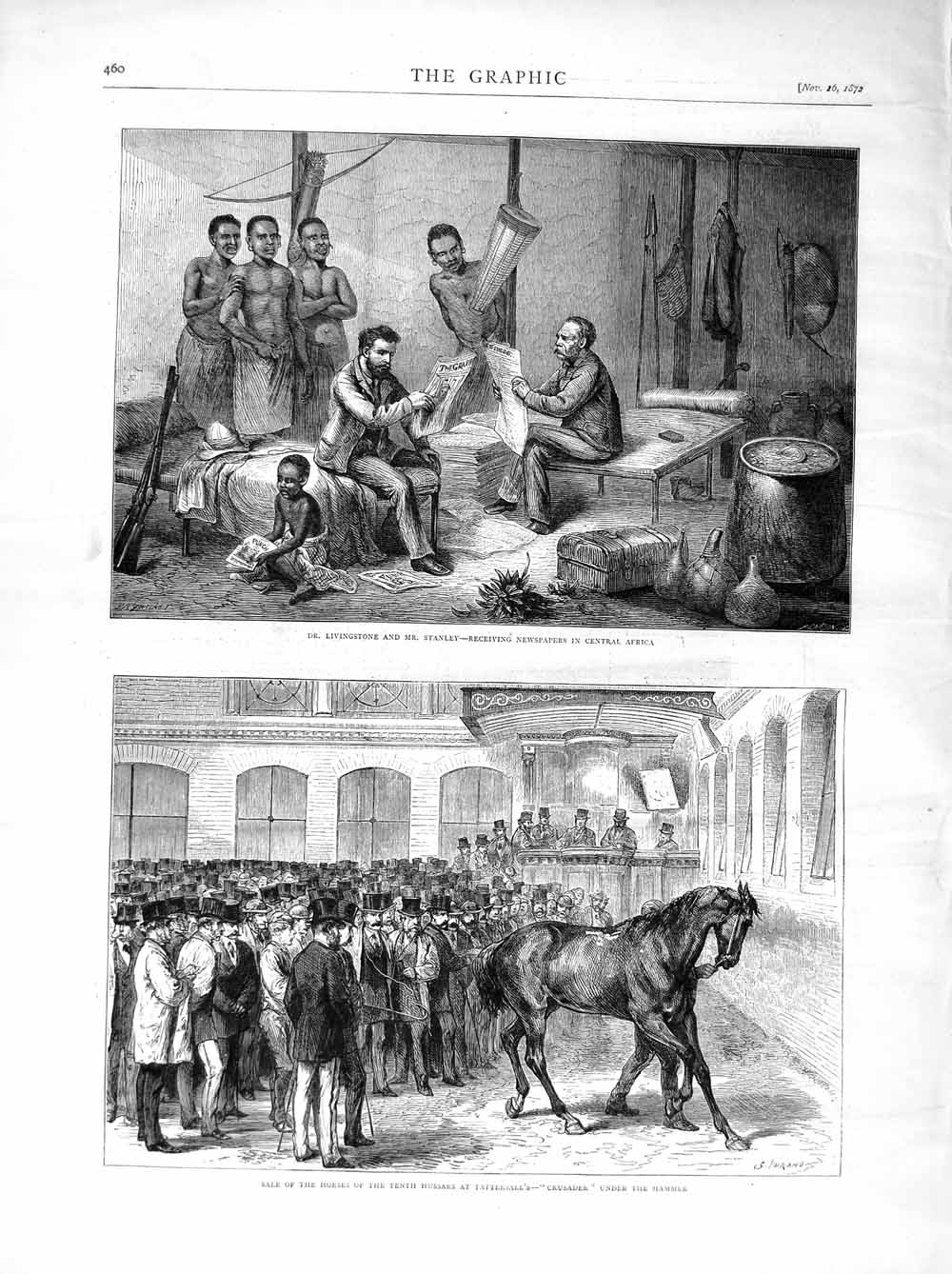 Old Antique Print 1872 Livingstone Stanley Africa Tattersall Horse Sale 19th