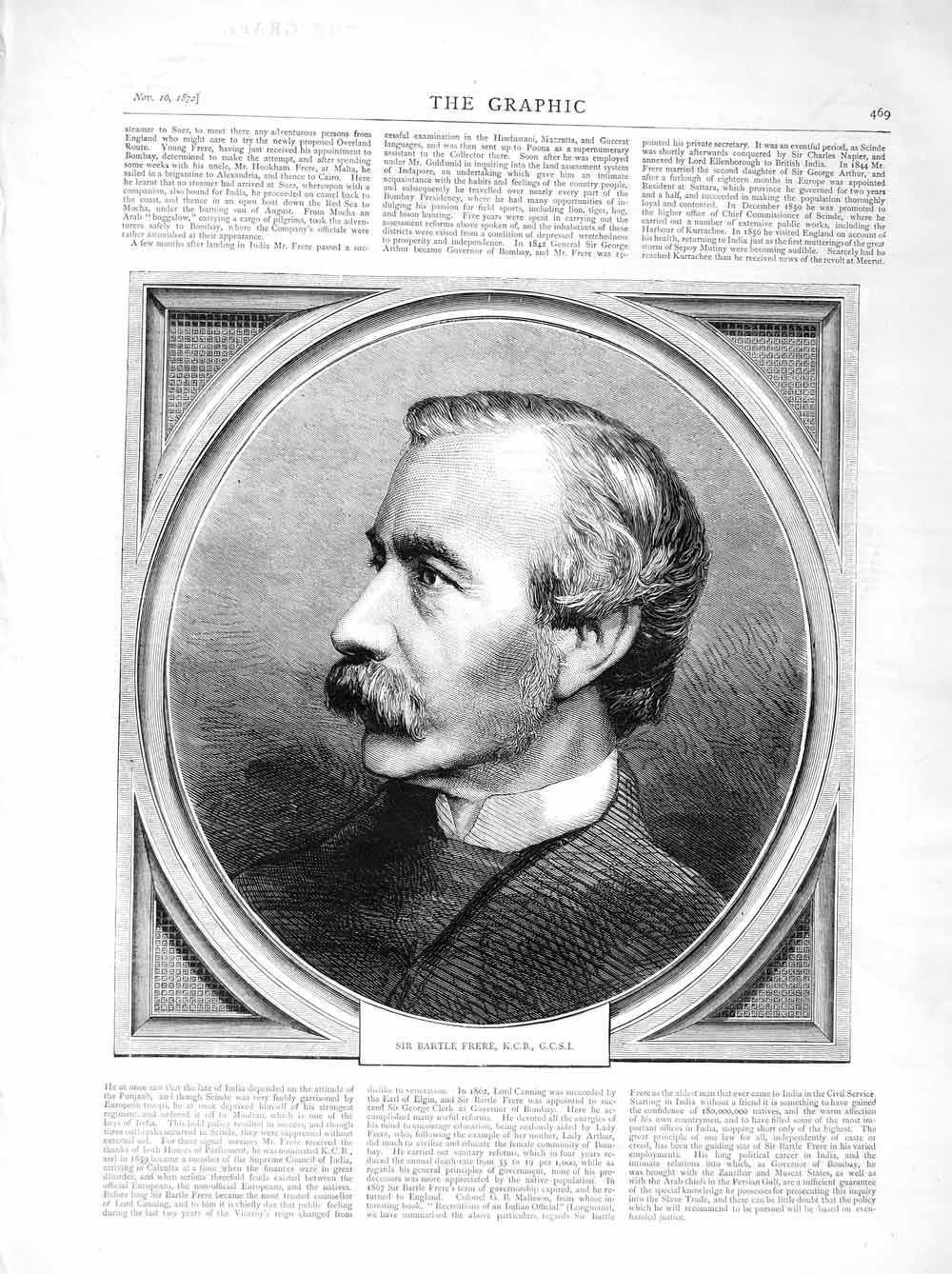 Original Old Antique Print 1872 Portrait Sir Bartle Frere Man 19th