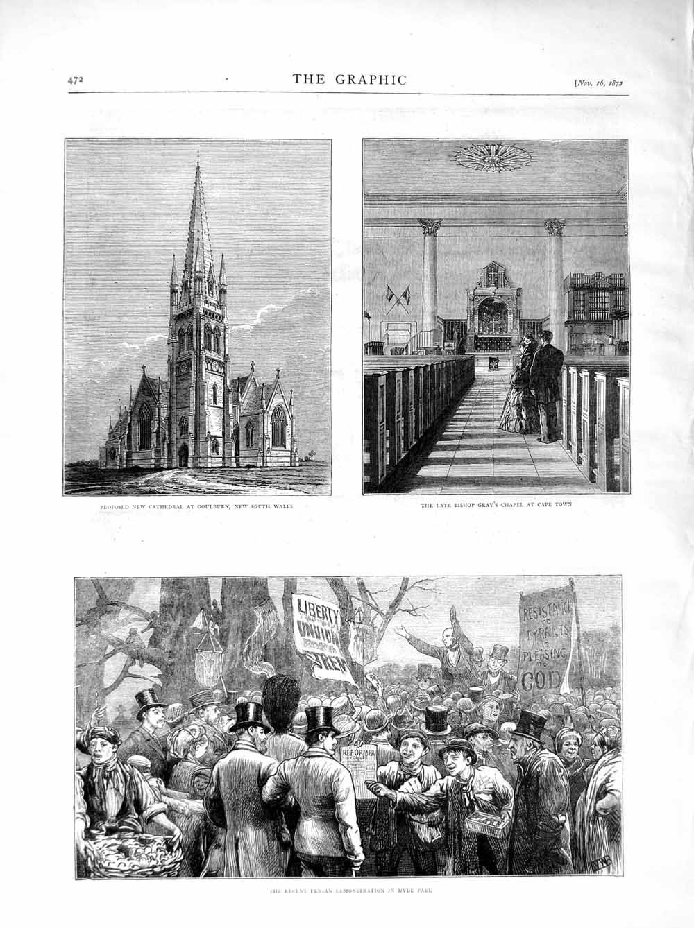 Old Antique Print 1872 Cathedral Goulburn Gray'S Chapel Fenian Hyde Park 19th