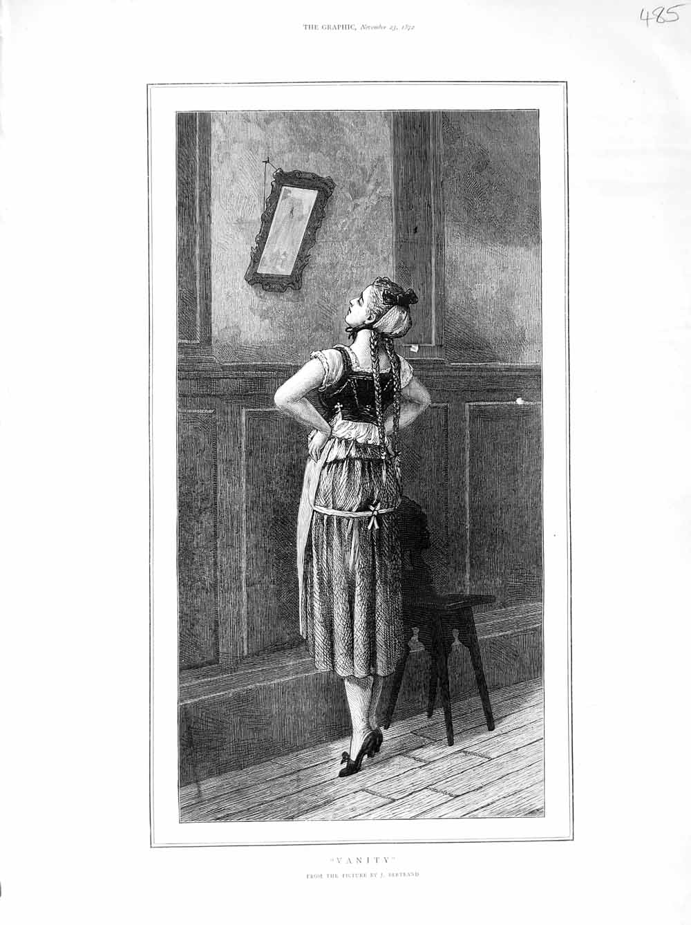 Original Old Antique Print 1872 Bertrand Young Girl Mirror Vanity Victorian