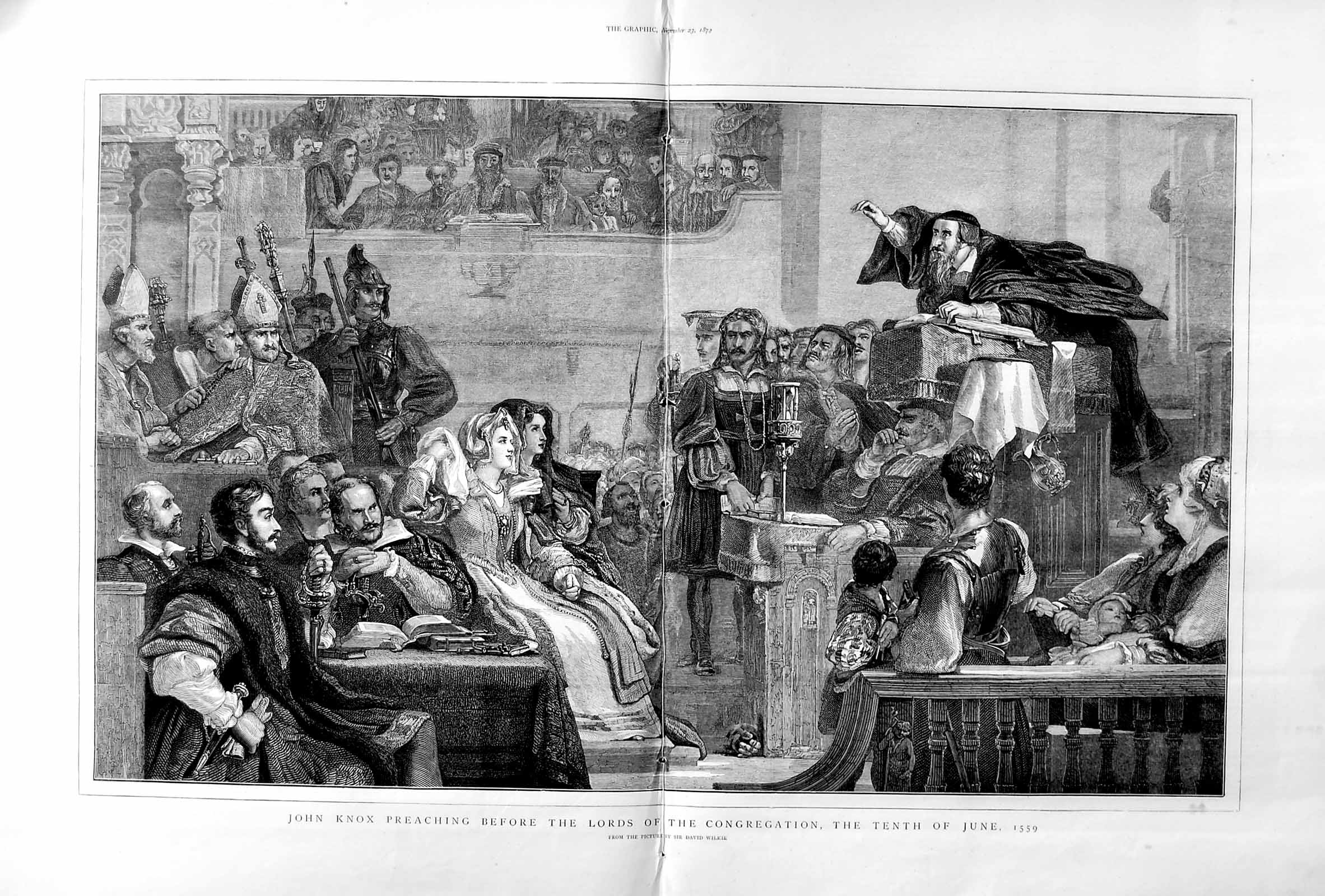 Original Old Antique Print 1872 John Knox Lords Congregation Service Wilkie