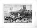 Original Old Antique Print 1872 Stag Hunting Men River Boat Dogs Hounds Country