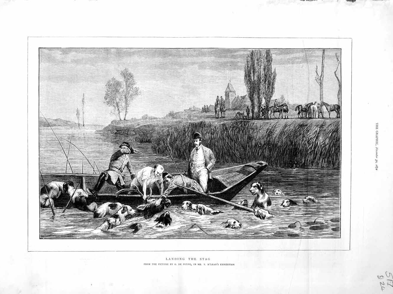 Original Old Antique Print 1872 Stag Hunting Men River Boat Dogs Hounds Country